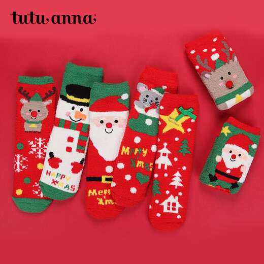 Tutuanna children's furry socks autumn and winter Christmas elk cartoon winter short velvet warm short socks 87558129- 1 pair 18-20cm (suitable for 7-9 years old)