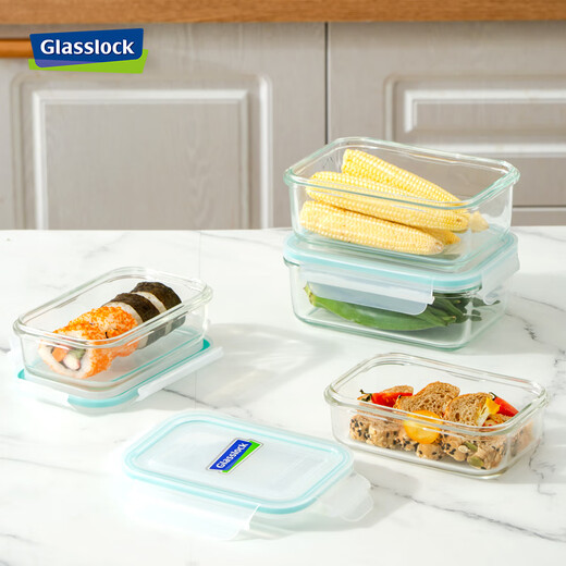 GLASSLOCK Boîte à lunch coréenne en verre trempé résistant à la chaleur, réfrigérateur à micro-ondes, bac à légumes multi-spécifications, ensemble rectangulaire 400 ml + 695 ml + 1090 ml