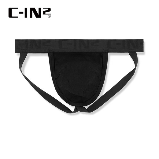 C-IN2 new summer men's thong, exposed buttocks, cotton spandex butt lift, U-convex low-waisted sexy double thongs 2925RT, black 001- 1 pair, M, suitable for 2'4-2'5 waist (size 31-33)