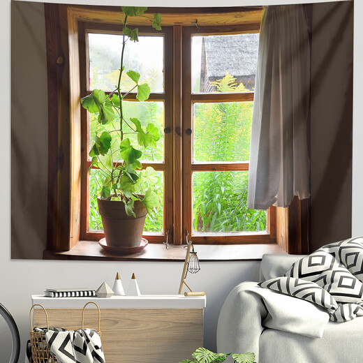 Naturaleza muerta fuera de la ventana del pueblo de Shantoulin, el paisaje falso de la ventana de la ventana de fondo decoración del lado de la cama de la cama de la sala de cables de la sala del tapiz de la pared del dormitorio del dormitorio 3884 colección de estilo horizontal de tela de terciopelo de alta definición 75 altura 95 cm (solo para la instalación)