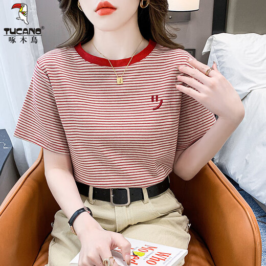 Camiseta de manga corta a rayas de carpintero para mujeres 2025 Summer Nueva camiseta de base delgada versátil Camiseta sonriente Top bordado Ins Red 9928 L Sugerir 105-120Jin [Jin equivale a 0,5 kg]
