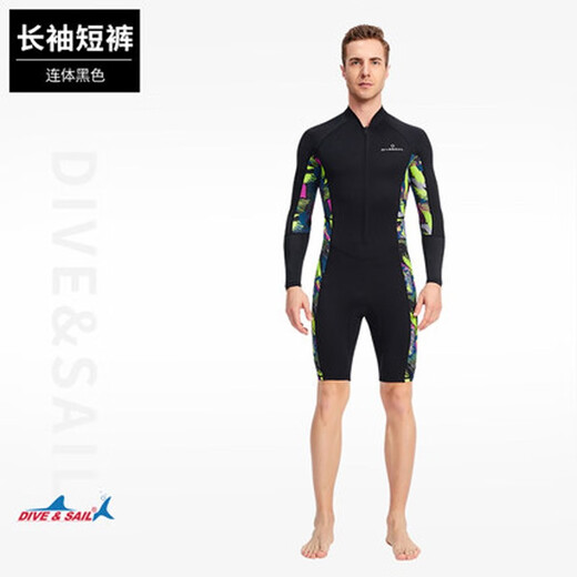 DIVE&SAIL 1.5MM thermal swimsuit men's adult long-sleeved one-piece sun protection professional wetsuit suit thickened 2025 new style black green flower long-sleeved one-piece XL 175-180CM 150-170Jin Jin equals 0.5 kg