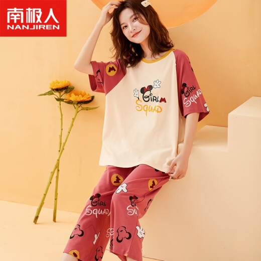 Antarctic women's pajamas, spring and summer cotton short-sleeved pants, can be worn outside, loose, thin, home clothes, women's suit, ink painting XL