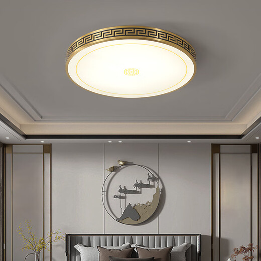 Qianzhang Lamp New Chinese Style Bedroom Lamp Full Copper LED Ceiling Lamp High-end and Atmospheric Villa Balcony Corridor Aisle Zhongshan Lamp Round 40cm Ruyi Great Wall 36W Three-tone Lighting