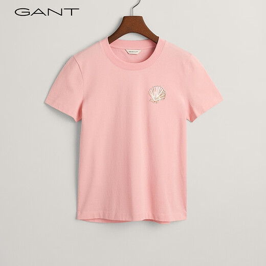 Gant/Gante Nuevas tops para mujeres de moda, versátiles, simples y cómodas concha bordada de color sólido de manga corta Camiseta redonda redonda 671-PINK XL