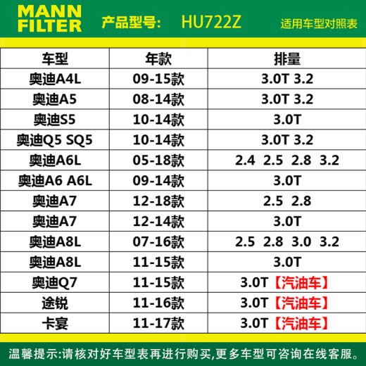 曼牌（MANNFILTER）HU7029z机油滤芯机油格适用奥迪A4L（新B8）A6L（C6）A6L（C7）