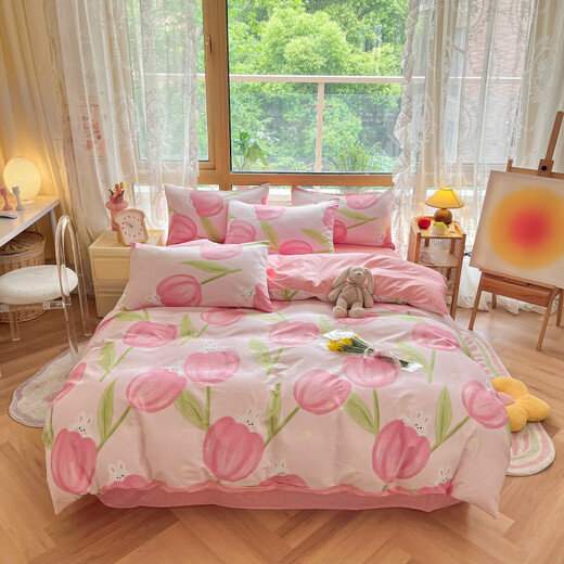 Zhiruhua Fashion Imprimé Cotton Four quatre pièces Four Seasons Pure Coton Dormitory Litteur unique Ensemble trois pièces Locage domestique Couverture de courtepointe Tulip Flower Rabbit 1,0 m Litteur à trois pièces (COUVERTURE DE COURANCE 1,5 * 2,0m