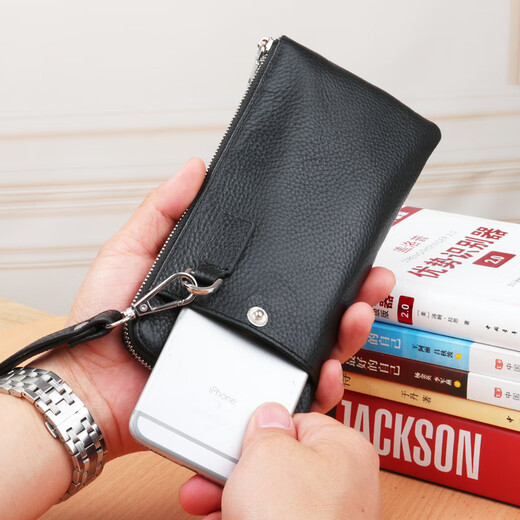Kuqidaishu Billetera para hombres Long Zipper Real Cowhide Plazo para hombres Bolso de teléfono móvil de cuero suave Summer multifunción Bolso de embrague de hombres de moda negro (tamaño: 20*10)