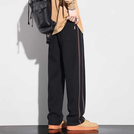 GPEJ plus velvet thickened men's pants autumn and winter side stripes black casual pants men's wide-leg straight-leg waist pants trousers winter 831 black XL