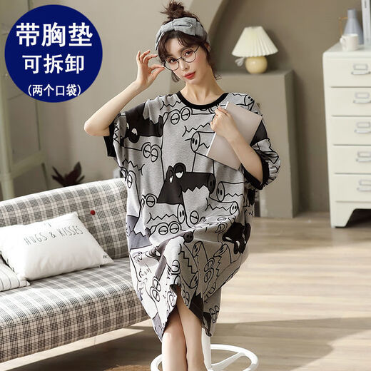 Nightgown with breast pad for women for summer cotton short sleeves plus fat plus size 200 Jin [Jin equals 0.5 kg] No wear bra to wear pajamas FY-6624 L-Breast pad (95-110 Jin [Jin equals 0.5 kg])