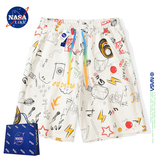 NASALIKE official full-print graffiti shorts men's summer casual shorts beach large pants men's sports breathable cotton pants white XL (recommended 129-145Jin Jin equals 0.5 kg)