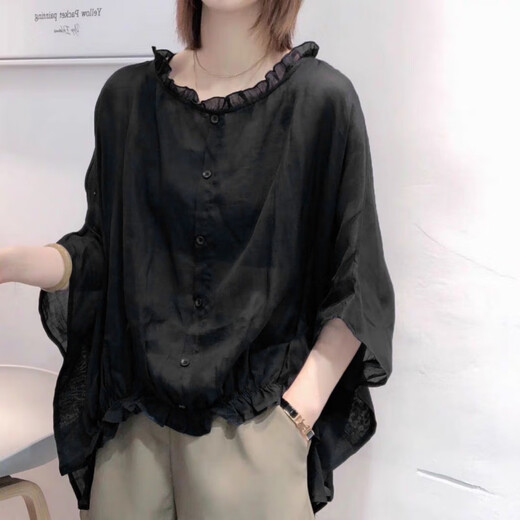 她风采 欧洲站夏装2021新款欧货潮蝙蝠袖麻料衬衫女夏韩版宽松苎麻上衣 蓝色 L 建议130-165