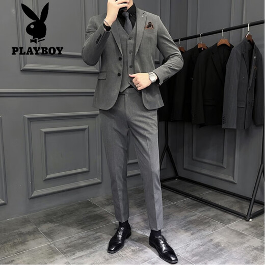 花花公子（PLAYBOY）西装男套装英伦风正装韩版修身休闲结婚新郎高级西服外套男士礼服 深灰色(外套+裤子+衬衫) S