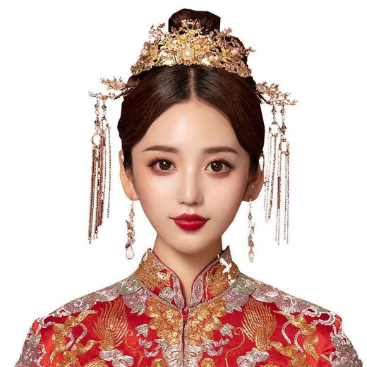 缔晶新娘秀禾头饰金色凤冠中式结婚古装流苏发饰显脸小秀禾服配饰大气 秀禾服头饰全套F656【耳勾款】