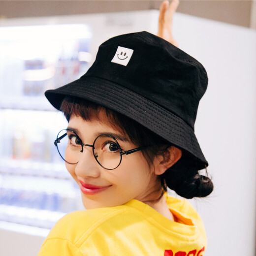 Beino Fisherman Hat Women's Autumn Sun Hat Hat Unisex Korean Version Trendy Student Baby Outdoor Windproof Hat Girls Hip-Hop Personality Basin Hat Smiley Face Black