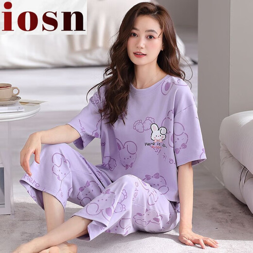 ZHIDOUDOU new pajamas for women summer short-sleeved cropped pants loose Korean style thin cute fresh home wear women's two-piece suit 7027# M 70-95Jin Jin is equal to 0.5 kg