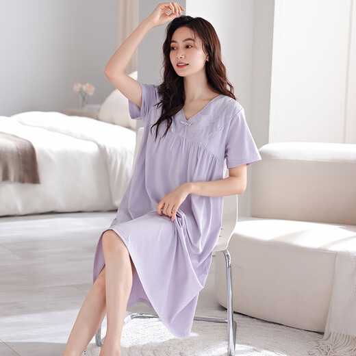 维多利亚的格调带胸垫睡裙女夏季纯棉薄款短袖中长款睡衣女士连衣裙可外穿家居服 701芋紫（带胸垫） L 【160-165c100-125斤】