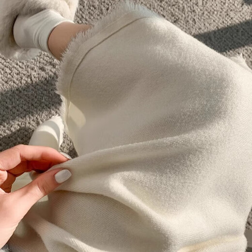 Xi'er hem tassel knitted A-line skirt for women in autumn and winter for small people with drapey large hem umbrella skirt high waist mid-length skirt off-white one size fits all 80-130 Jin Jin is equal to 0.5 kg, skirt length is about 75