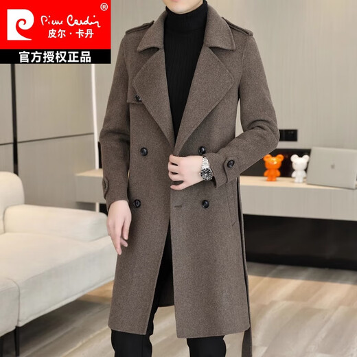 皮尔卡丹（pierre cardin）毛呢大衣男中长款帅气腰带修身羊绒呢子外套羊毛双面呢子风衣针织 咖啡色 175/L【建议110-125斤】