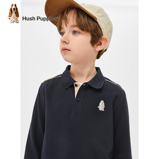 Hush Puppies children's clothing for children, boys and older children, spring and autumn, soft, breathable, fashionable, classic, casual and versatile, long-sleeved Polo shirt, navy blue 140 cm