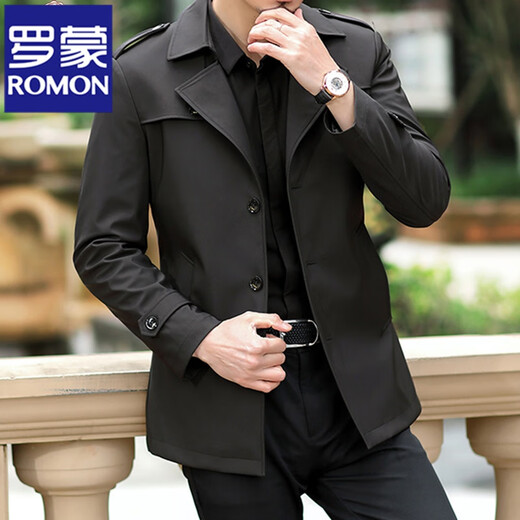 ROMON windbreaker for young and middle-aged men, spring and autumn business casual dad wear, fashionable and handsome lapel mid-length coat for men, navy blue XL 180