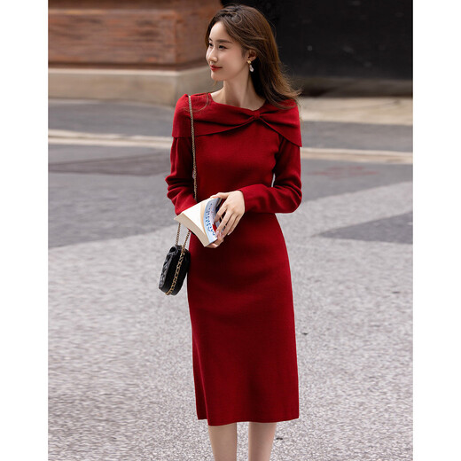 Demana Kim Secretary Outfit Autumn and Winter French Intellectual Little Woman Butterfly One-Neck Knitted Mid-Length Women's Dress