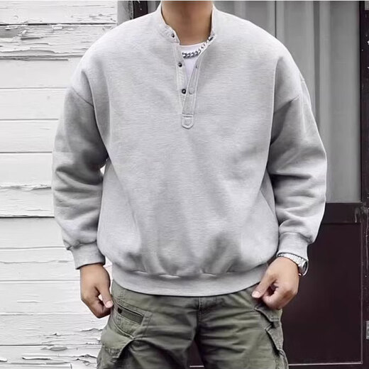 Kuraishi Kazuki Kuraishi Kazuki trendy brand Japanese retro gray Henley collar sweatshirt men's spring and autumn velvet Henley long-sleeved T-shirt black velvet XL 140-160Jin Jin is equal to 0.5 kg