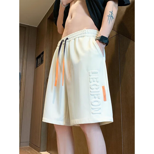 Harborside Shorts Men's Summer Trendy Brand Letter Embossed Five Points Casual Pants Youth Sports Medium Pants Student Summer Shorts Off-White L - (115-130Jin Jin is equal to about 0.5 kg)