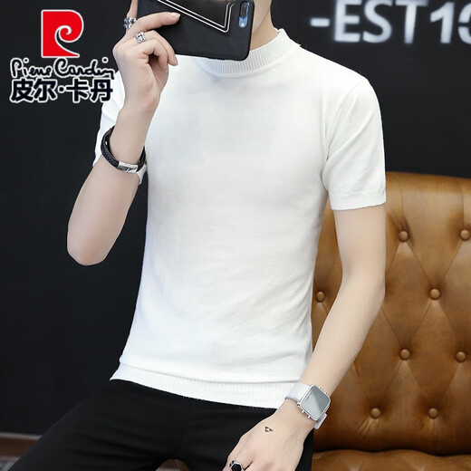 
Pier Cardin autumn and winter short-sleeved sweater for men v-neck T-shirt half-sleeved knitted base shirt for men slim fit inner solid color sweater thread Q9903 brown (round collar) 180/XXL