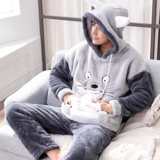 BGBGCOCO男士睡衣秋冬款冬季珊瑚绒加厚加绒法兰绒卡通家居服男款冬天套装青少年学生家居服连帽套装 6625皮卡丘 小码M 建议身高155左右 体重85-100斤