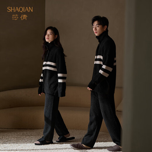 Sha Qian 2025 New Couple Pajamas Autumn and Winter Thickened Half Velvet Women's Home Clothes Cardigan Striped Outer Suit L857014-L957014 Black L Male (Height 171-180, Weight 131-160)