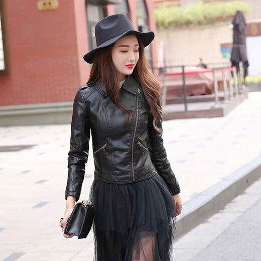 Yomei plus velvet thickened new pu small leather jacket for women for women 2021 spring and autumn clothing Korean version slim fit motorcycle leather aunt black L