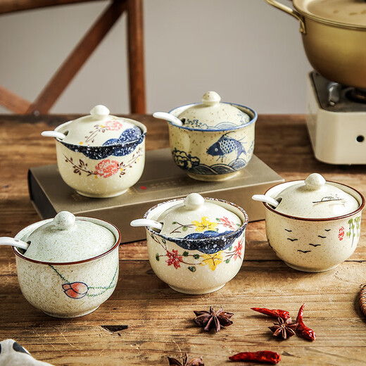 Kitchen seasoning box inside and outside the house, ceramic seasoning jar combination set, household salt shaker, seasoning storage box, sugar jar, oil and pepper jar, mixed color - three-piece set with tray and spoon