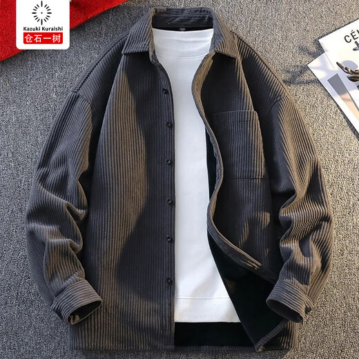 Kuraishi Kazuki American Retro Striped Shirt Jacket Men's Long Sleeve 2025 Autumn Trend Loose Casual Jacket Men's Gray Velvet XL