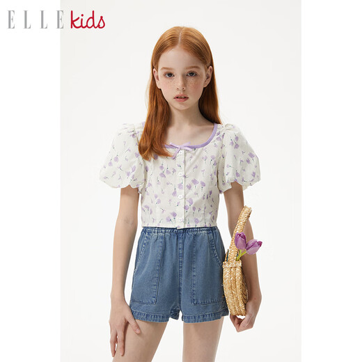 ELLE KIDS children's clothing cotton short puff sleeve shirt girls spring and summer new palace style short-sleeved shirt floral 130