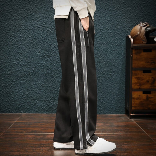 Jingulai striped straight-leg sweatpants for men in spring and autumn, loose zipper pockets, large size fat sweatpants, men's casual pants, red, thickened, velvet, 3XL, weight 180-200Jin Jin is equal to 0.5 kg