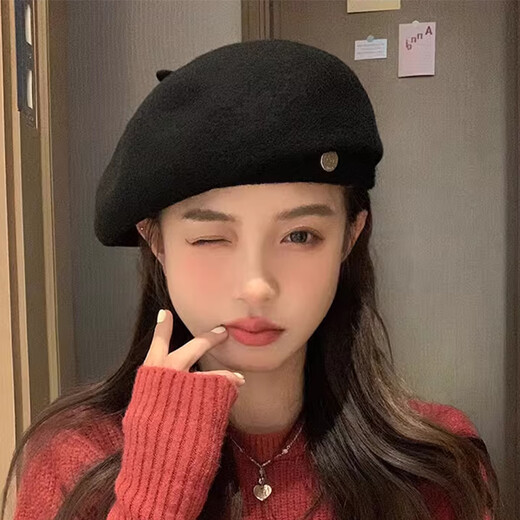 妙奕嘉羊毛贝雷帽女帽子秋冬女士报童帽2024新款春秋时尚洋气画家帽百搭 毛呢小尾巴金属扣贝雷帽【黑色】