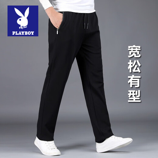 Playboy Zhengui Enjoys Pure Cotton Sports Leisure Pants Men's Fall and Winter Thick Loose Straight Knitted Pants Cotton Casual Pants Black Winter Plus Fleece ZP9928 XL