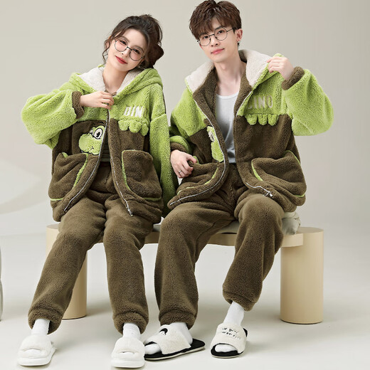 Jóvenes palabras de amor Pajamas en otoño e invierno, además de terciopelo engrosado para niñas, adolescentes, terciopelo de coral con capucha de ropa para el hogar de invierno ypf3895 dinosaurio macho XL (130-155Jin [Jin iguala 0.5 kg])