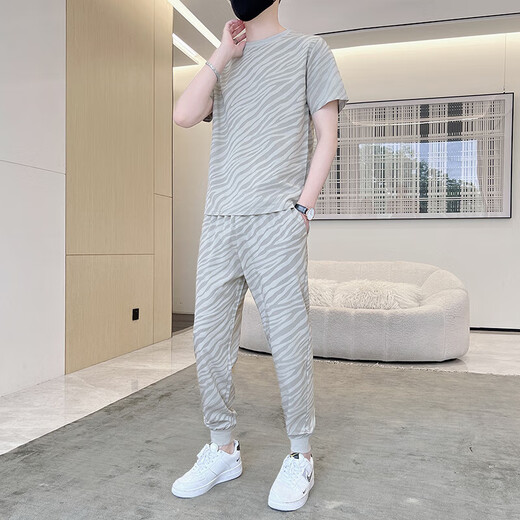 NASA RHUDE夏季冰丝短袖T恤运动套装男潮牌男装套装潮流休闲男夏天衣服夏装 719灰色(短袖+长裤) 4XL (175-190斤)