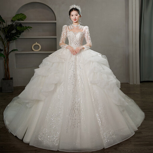 Red makeup wedding dress bride 2025 new long-sleeved heavy industry ceremony yarn Korean style fugitive princess welcome yarn main yarn off-white floor-length style S
