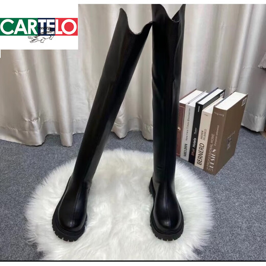 Cartelo Over-Knie-Stiefel 2025 Britische Stiefel mit Einzelstiefeln Martin Stiefel Dicke Sohle schlanke Stiefel echtes Leder flacher Sockel und Herbst High Stiefel V-Punkt 230 Black Single Style 37 37