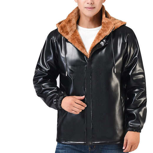 AJXOOR leather jacket and leather pants suit plus velvet and thickened men's leather jacket waterproof loose casual winter hooded work cotton coat detachable hooded top thickened 3XL recommended 138-155 Jin Jin equals 0.5 kg