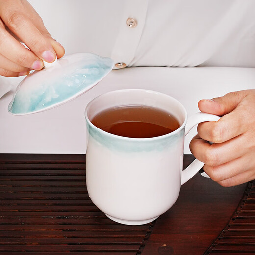 Guoyue Bone China Conference Cup Office Underglaze Color Tea Cup Ceramic Cover Cup Customizable Logo Printing Office Water Cup with Cover Yunjin Wanli Conference Cup 1