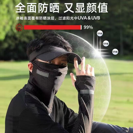 靓魅姿防晒帽子套装全护脸面罩冰袖夏季遮阳帽户外冰丝防晒三件套男 黑色 （帽子+冰袖+面罩）