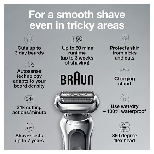 Braun Serie 7 7027Cs Männer -Elektrorasierer mit Bart Trimmer wiederaufladbar nass und trocken mit Ladestation 1 Stunde schnelles Lade Silber Schwarz