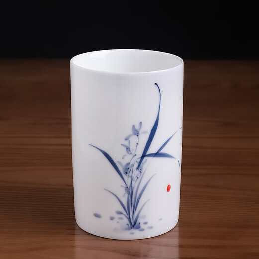 东方泥土陶瓷手绘彩梅兰竹菊笔筒教师节礼物感恩送老师同学可定制纪念礼品 兰花笔筒 釉下彩【青色】礼盒装