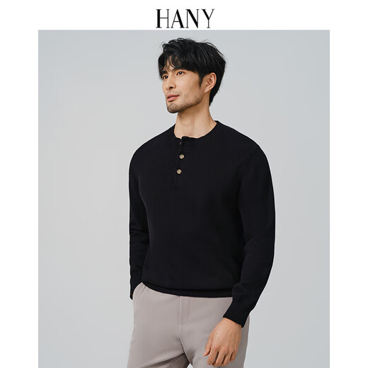 Hany (HANY) thickened cashmere cotton new Chinese style sweater men's black Henry collar business warm knitted bottoming sweater autumn Buckel Obsidian Black 4XL recommended 220Jin Jin is equal to 0.5 kg or more
