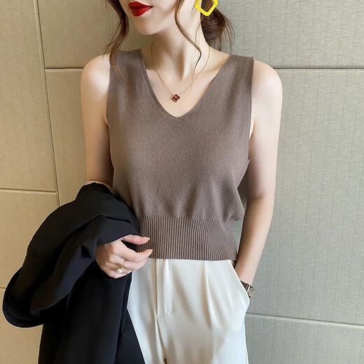 Yuyixiang V-Ausschnitt Ice Seidenschlinge Weste für Frauen 2025 Sommer im Freien schlank und vielseitig atmungsaktive Taille-Strick-Basishemd Khaki + Apricot L Empfohlen 116-130jin [Jin entspricht 0,5 kg]