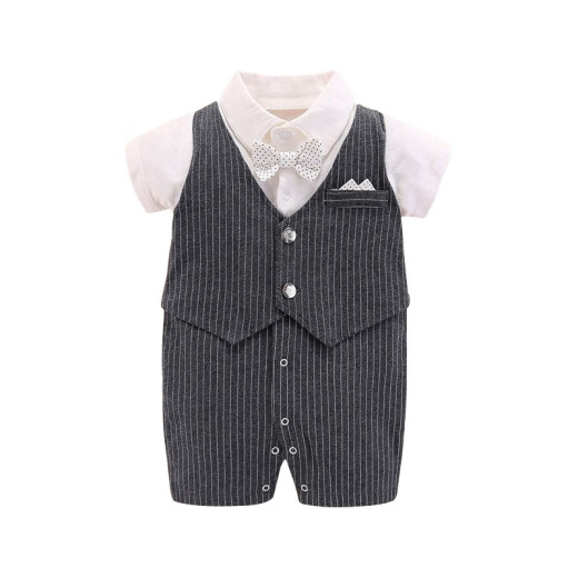 Dora Mag baby one-piece male baby gentleman's clothes spring and autumn baby one-month-old dress newborn baby one-year-old dress heather gray (summer thin fake two pieces) 6M recommended for about 6 months